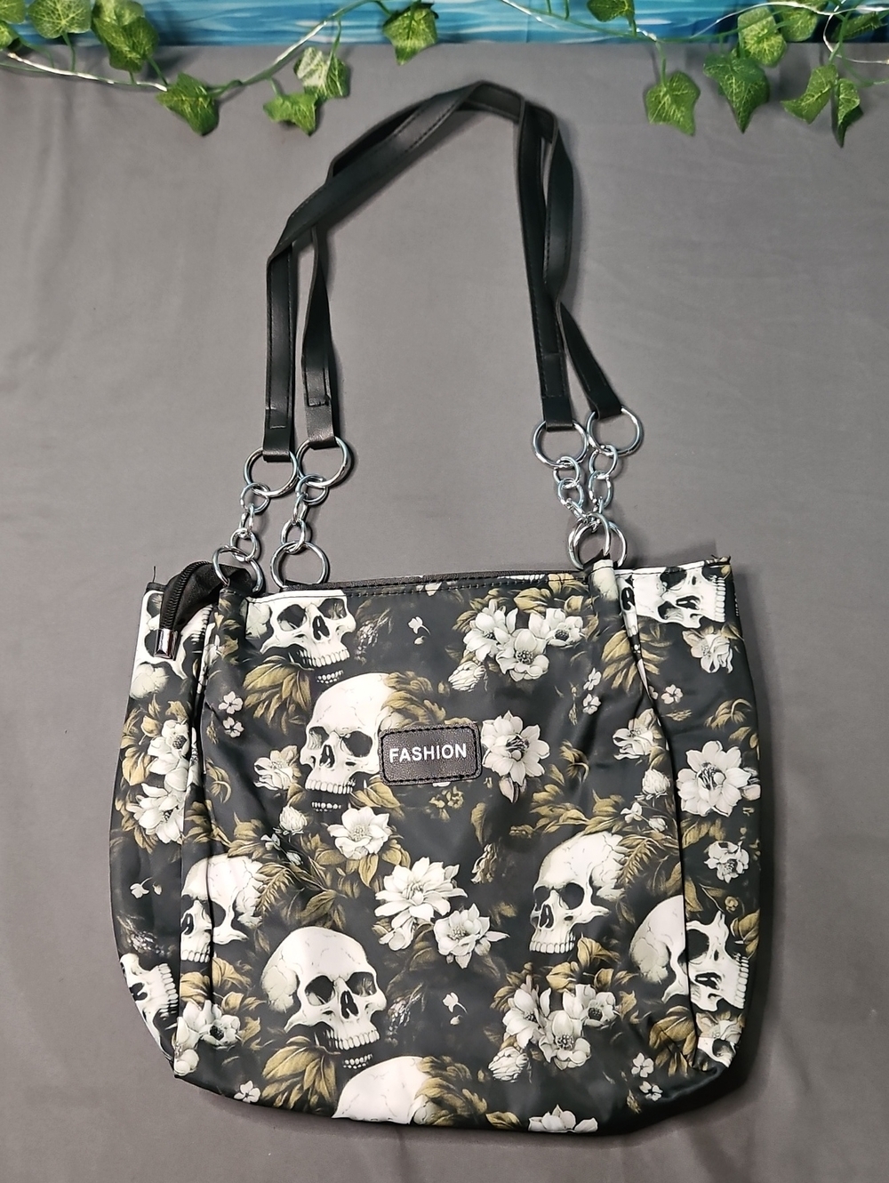Black Floral Skull Tote Bag